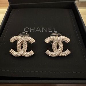 Super Rare Classic New Chanel CC Logo Crystal Embellished Gold Stud Earrings